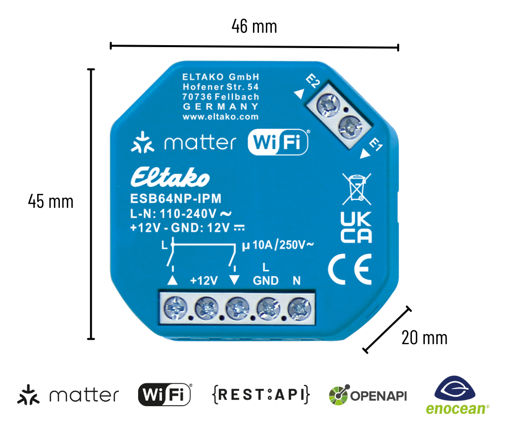 Beschattungsaktor mit IP, Matter über Wi-Fi, optional EnOcean. Für Einbaumontage. 46 x 45mm, 20 mm tief.